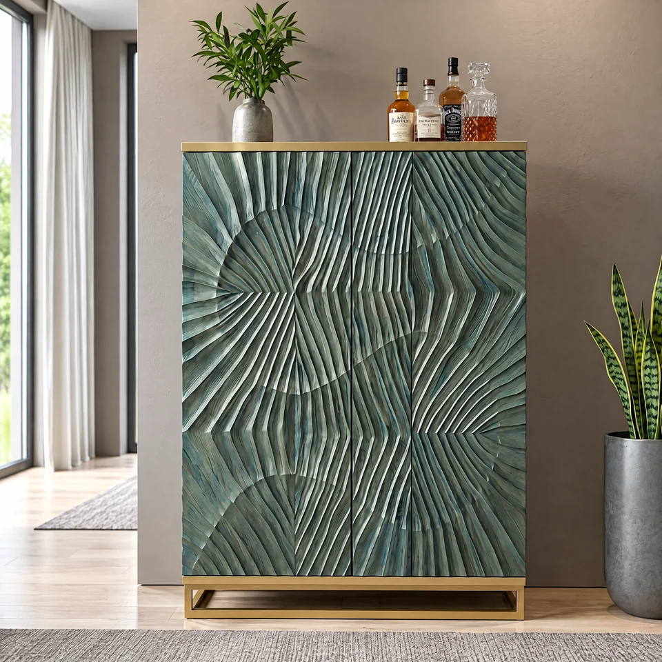 Sculptural green cabinet with textured doors and a gold-toned frame in a styled interior