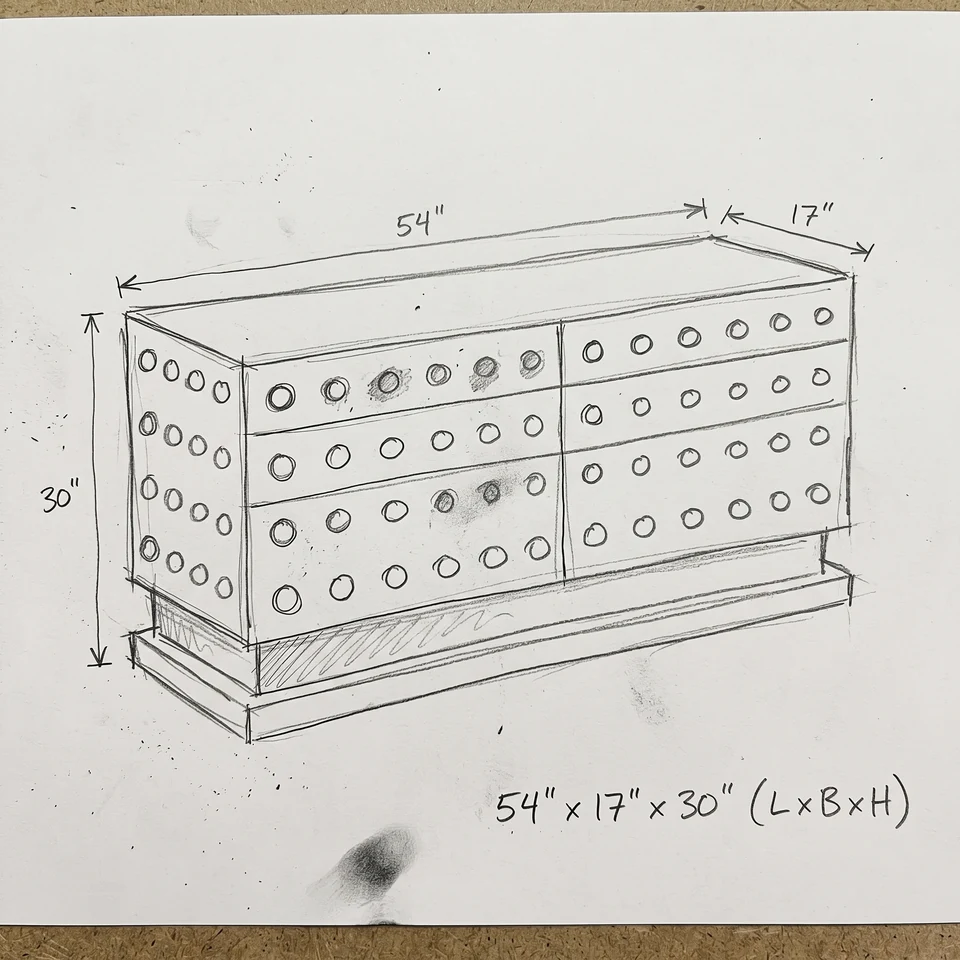 Hand-drawn sideboard concept with dimensions and decorative stud details