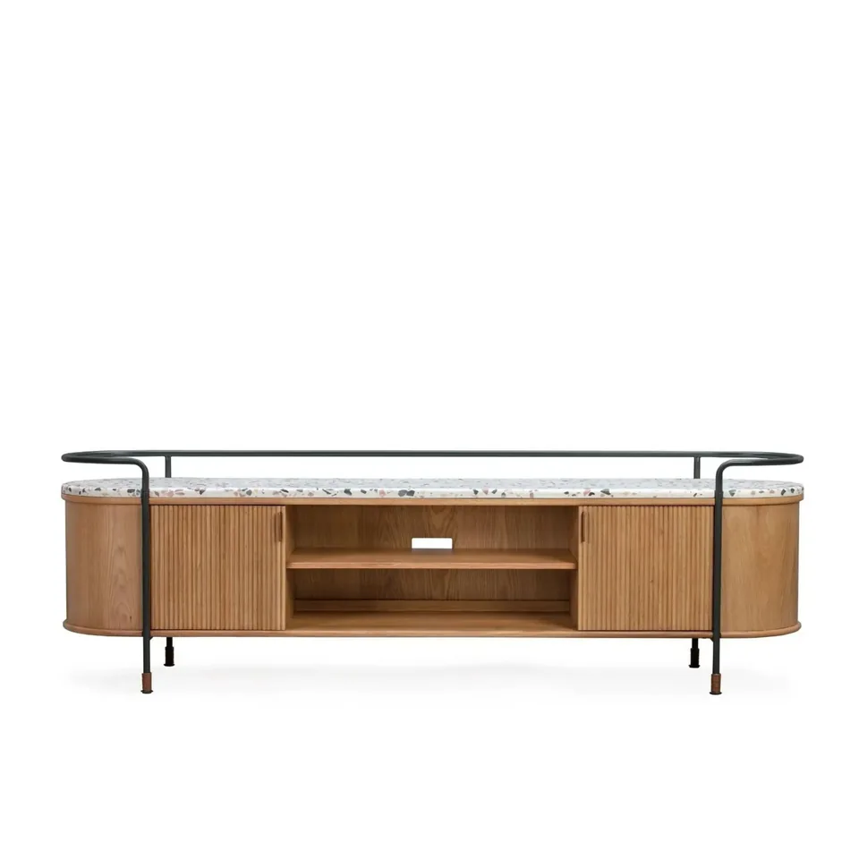 Curved TV cabinet with top rail — Karma Inc furniture collection